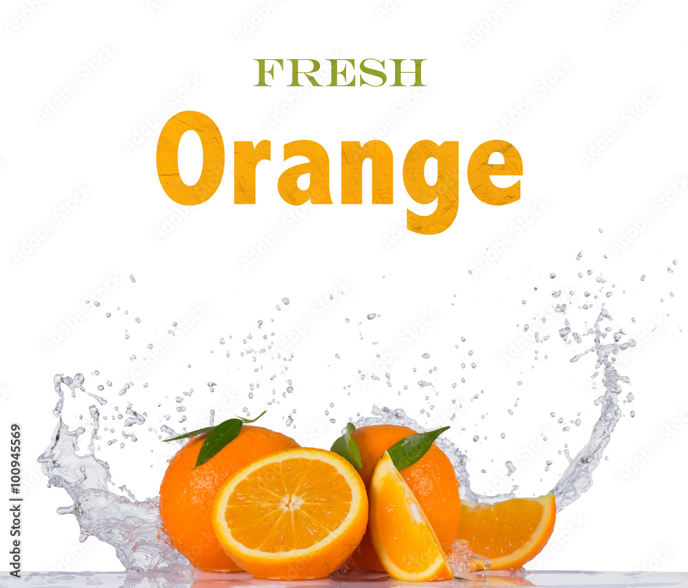 Fresh orange in water splash on white