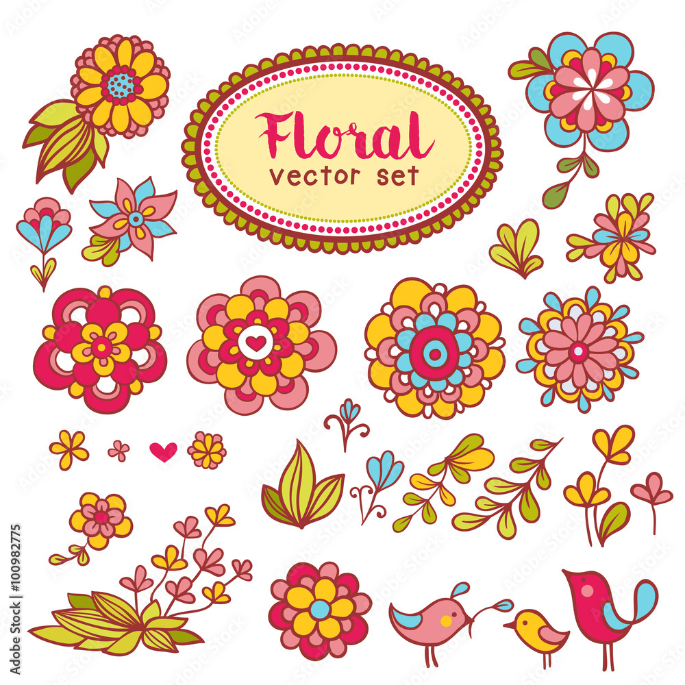 Set of flowers and birds. Vector set with flowers and birds