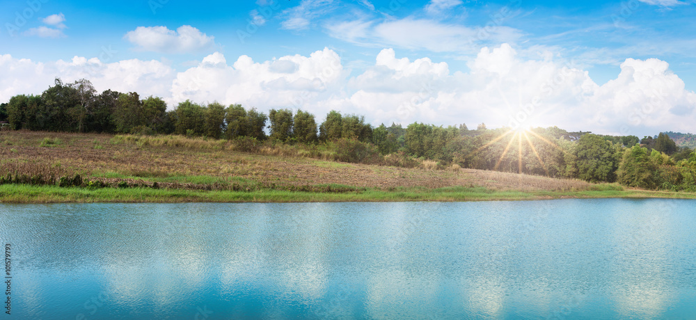 Panorama of lake landscape sunlight in summer.