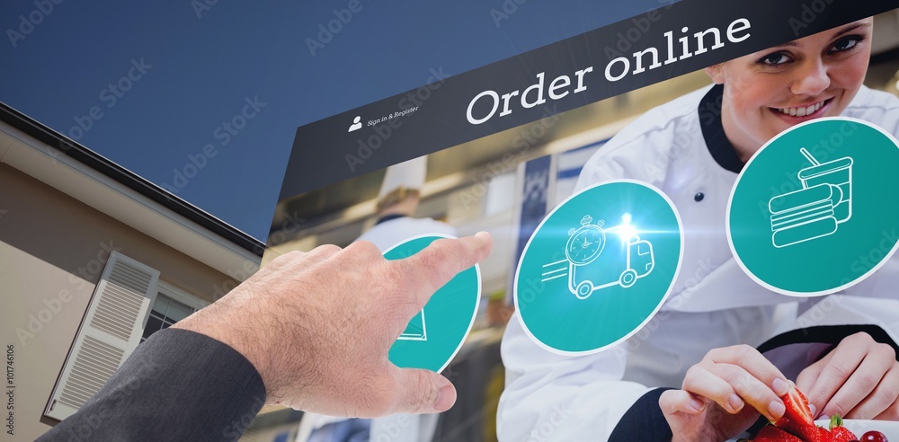 Composite image of businessman pointing with his finger