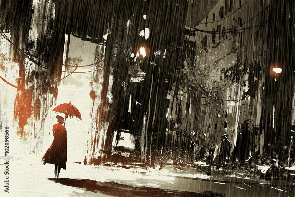 lonely woman with umbrella in abandoned city,digital painting