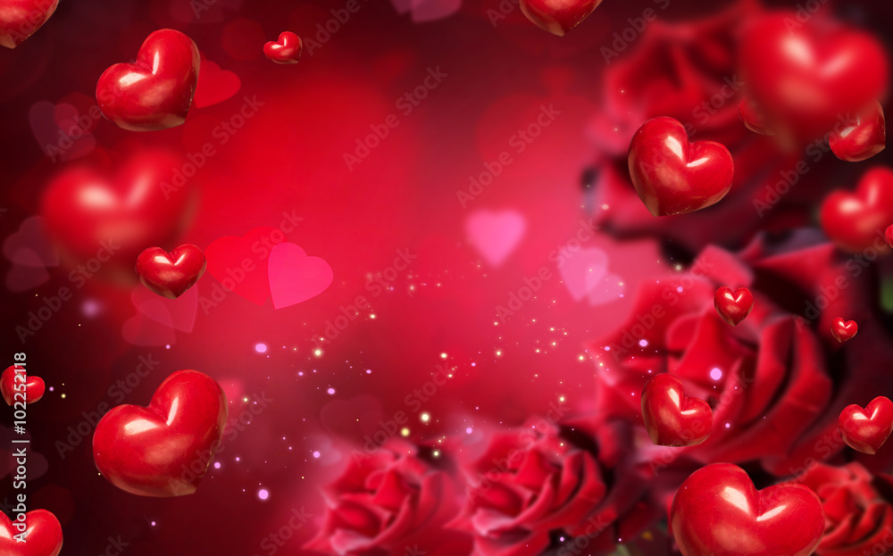 Valentine background with red hearts and roses