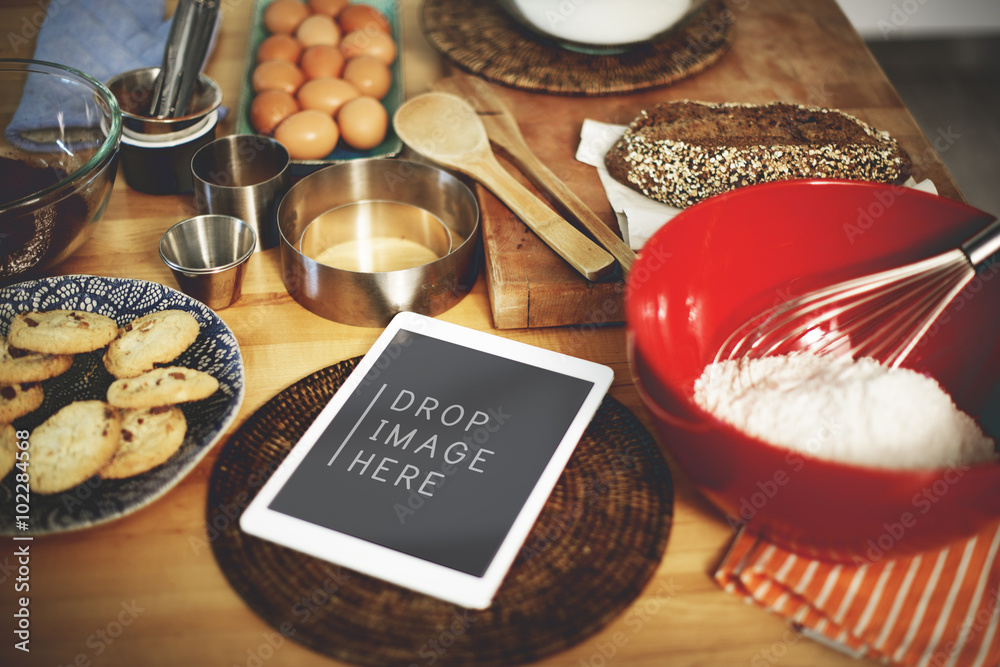 Digital Tablet Kitchen Bakery Cookies Copy Space Concept