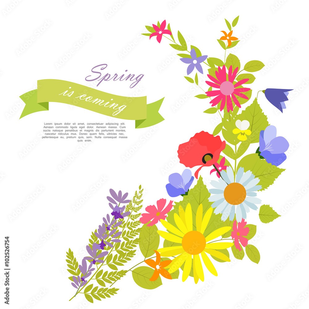 Abstract Natural Spring Background with Flowers and Leaves. Vect