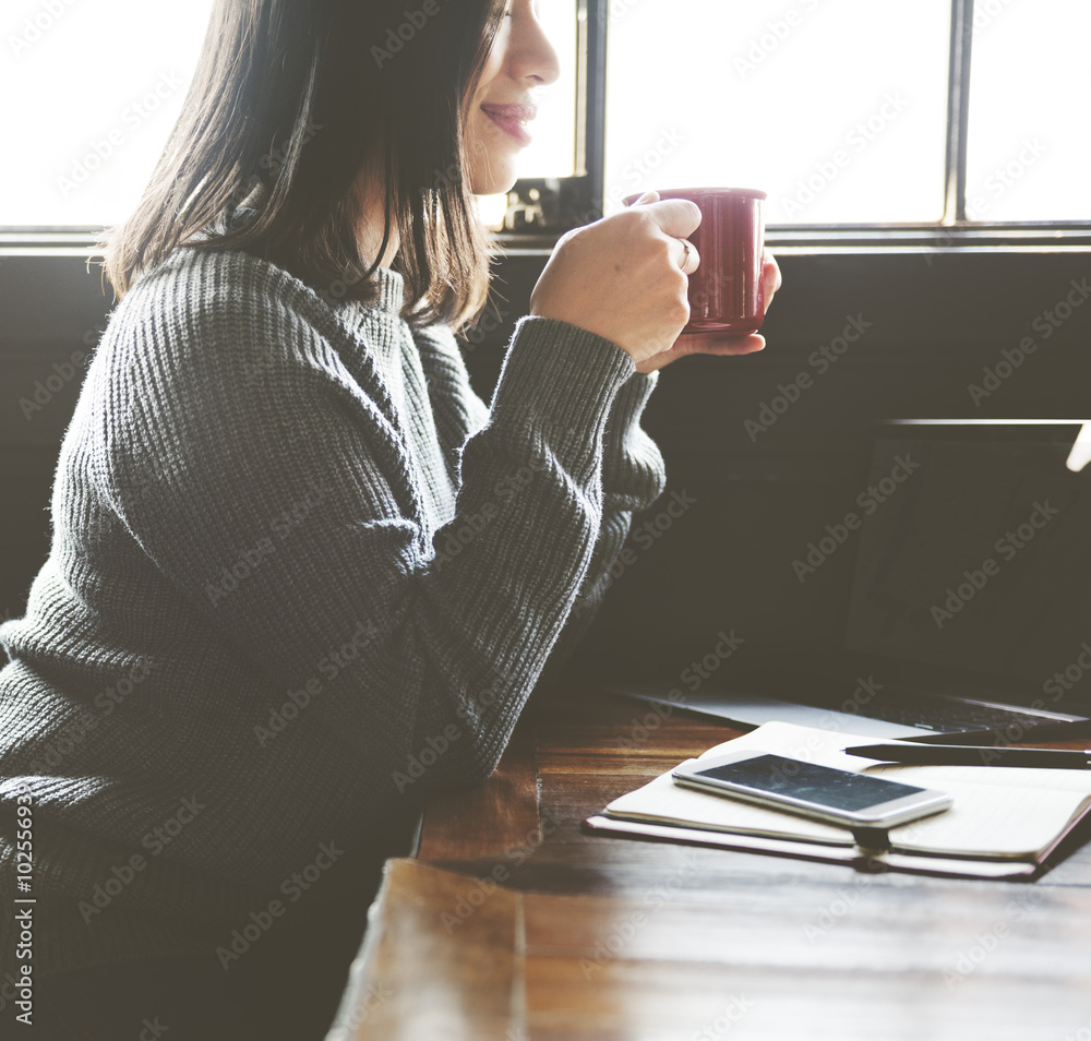 Asian Lady Enjoying Cup Coffee Cafe Concept