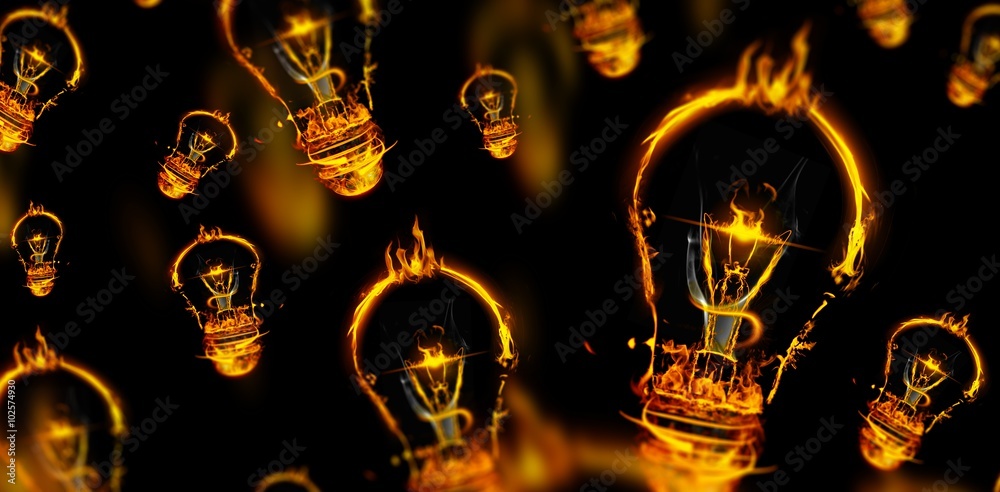 Composite image of bulb on fire on white background