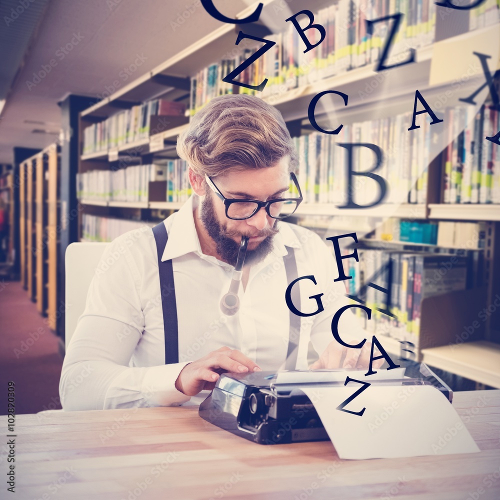 Composite image of hipster smoking pipe and working on typewriter