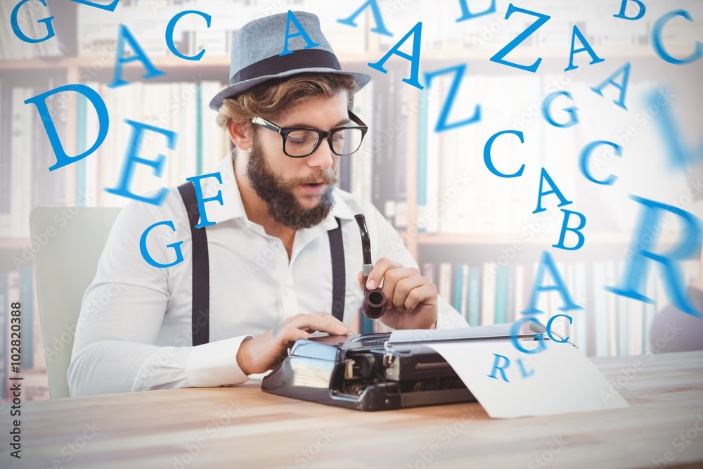 Composite image of hipster holding smoking pipe 