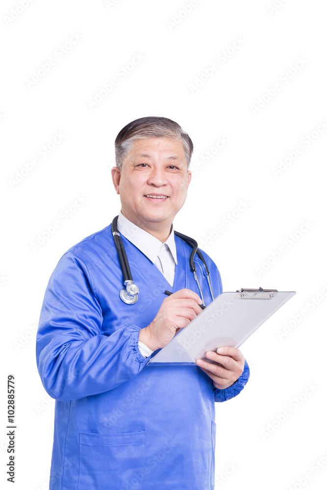 asian old man doctor in blue uniform with stethoscope and clipbo