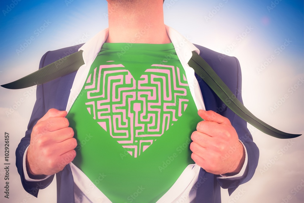 Composite image of businessman opening shirt in superhero style