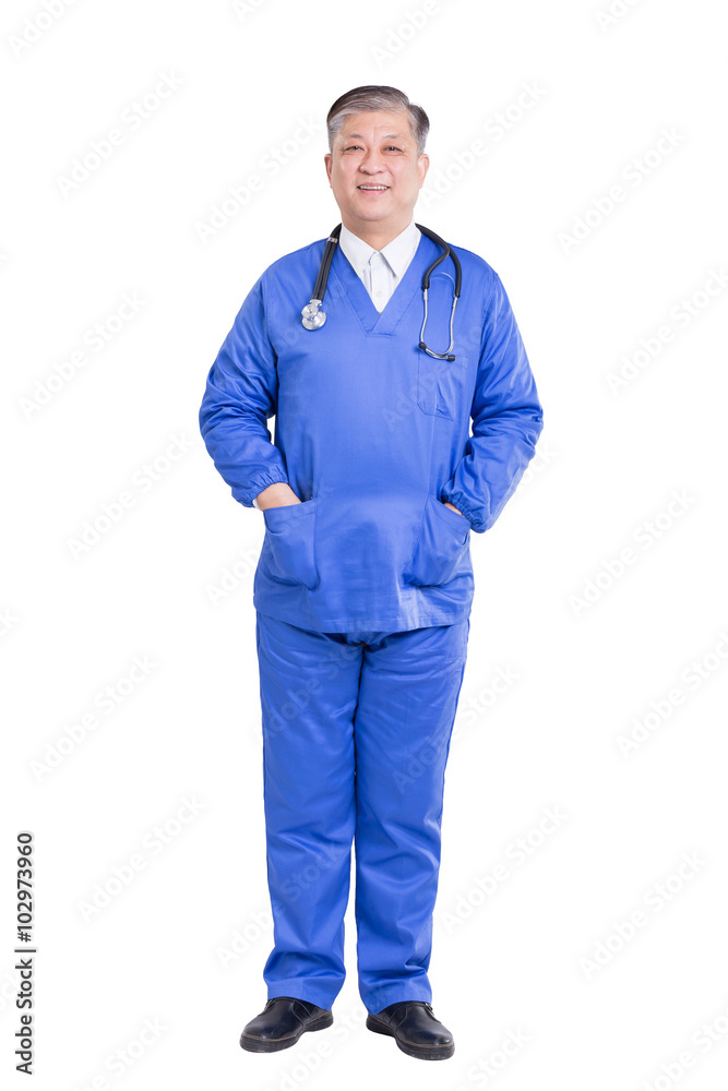 isolated old asian man doctor in blue uniform