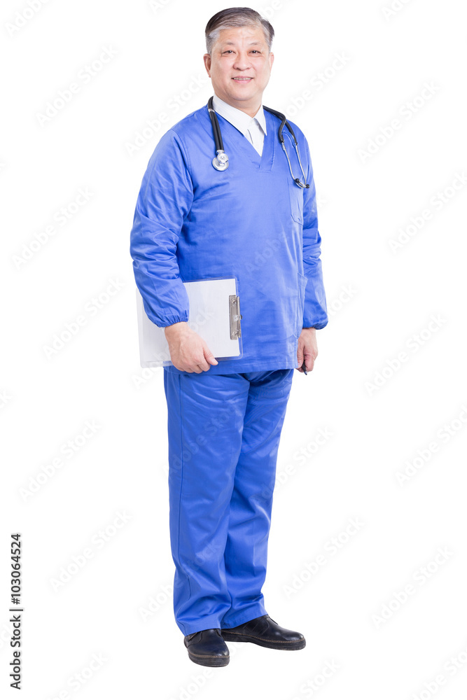 isolated old asian man doctor in blue uniform