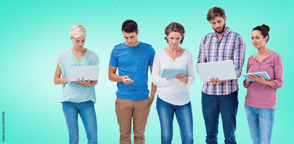 Composite image of group of young colleagues using laptops and tablets