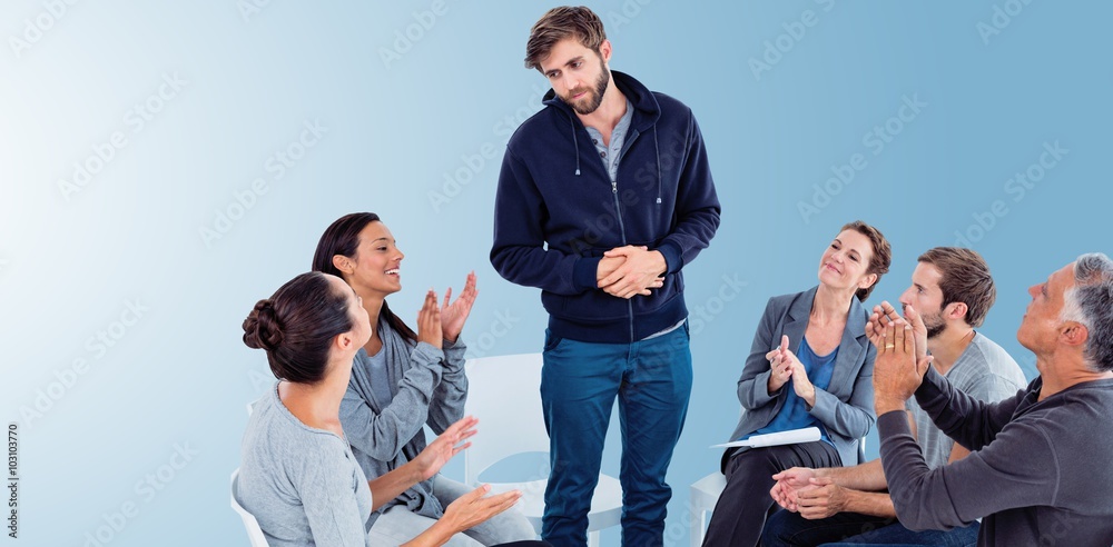 Composite image of rehab group applauding