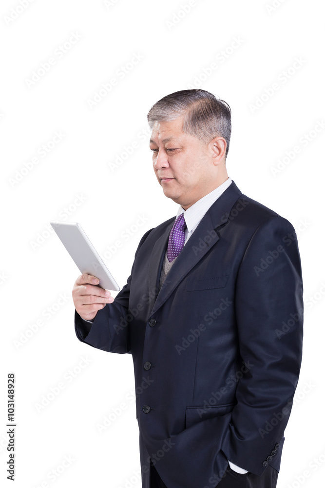 pose and gesture of old Asian businessman in black suit