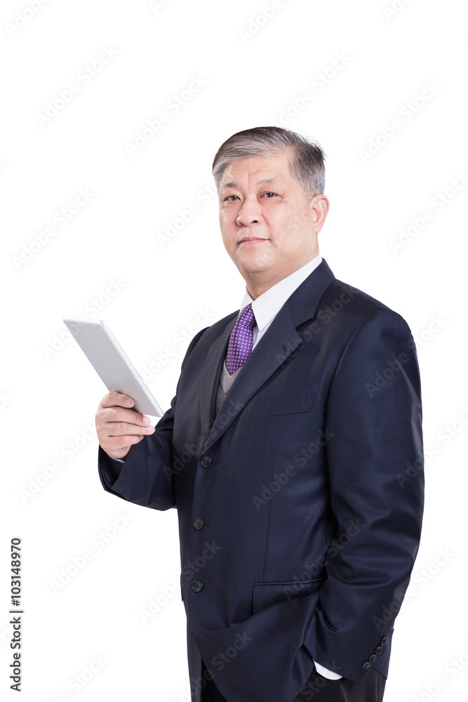 pose and gesture of old Asian businessman in black suit