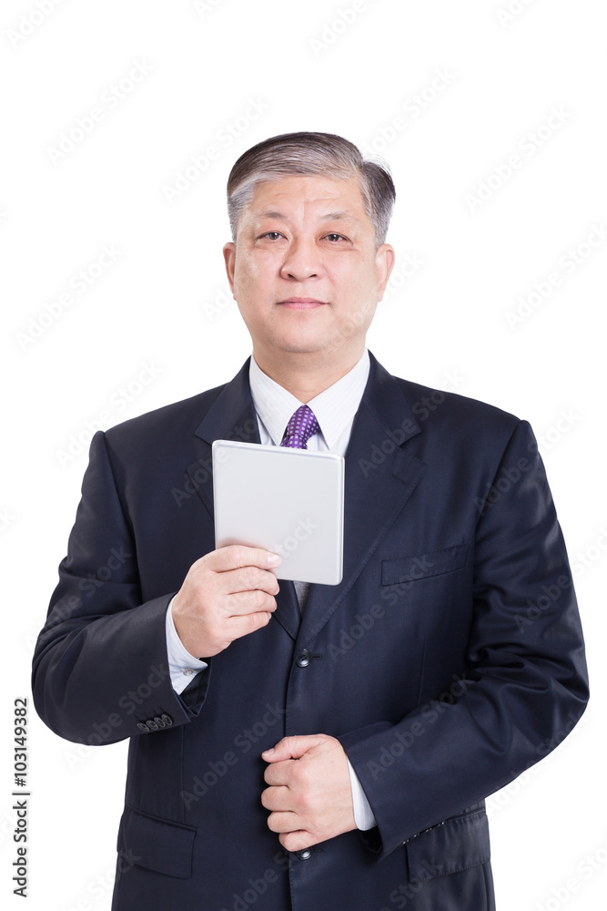 pose and gesture of old Asian businessman in black suit