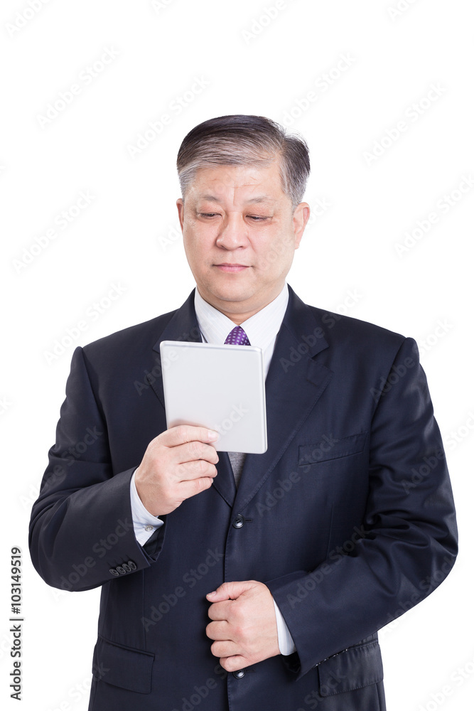 pose and gesture of old Asian businessman in black suit