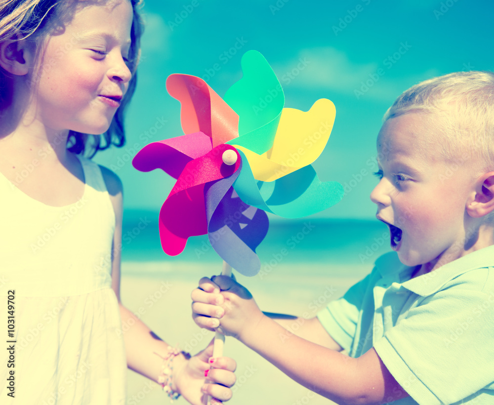 Brother Sister Fun Beach Children Kids Togetherness Concept