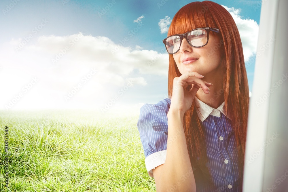 Composite image of attractive smiling hipster woman thinking