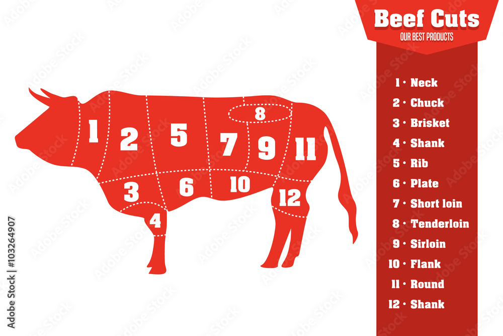 牛肉切块信息图，肉部分，矢量集