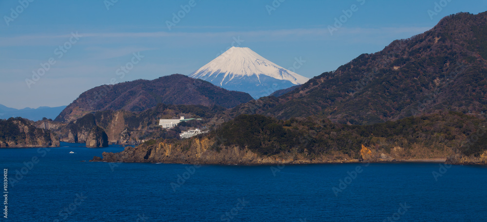 Mountain Fuji and sea from Izu city Shizuoka prefecture , Japan .