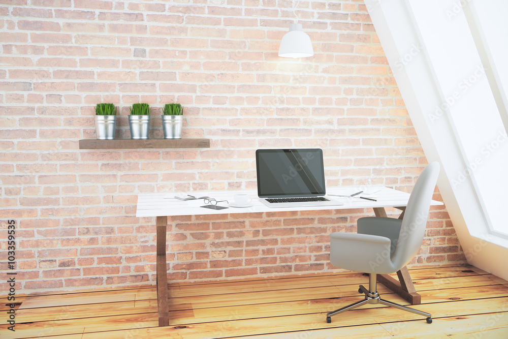 Modern room with laptop, table, chair, brick wall and wooden flo