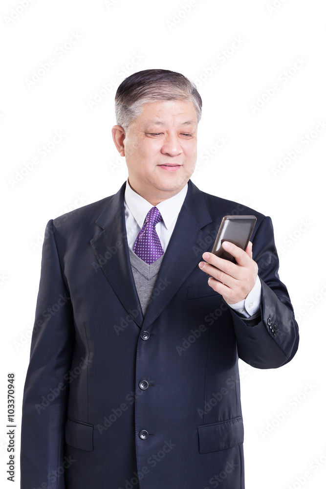 pose and gesture of old Asian businessman in suit with cellphone