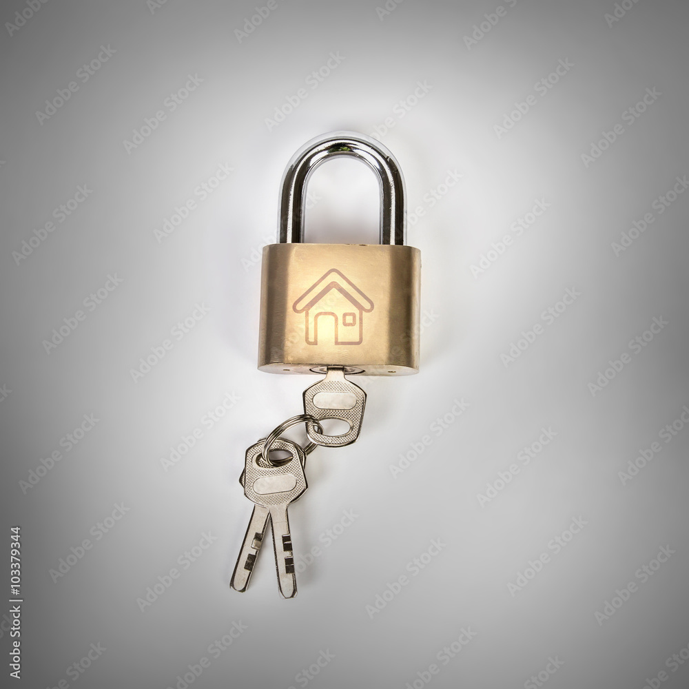 Metalic padlock with home icon , home security