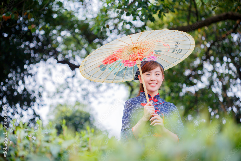 beautiful Asian girl in tea plantation