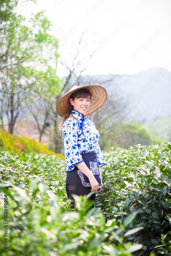 茶园里美丽的亚洲女孩