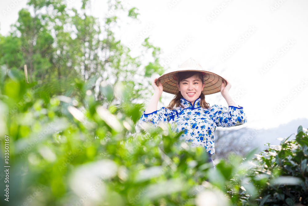 茶园里美丽的亚洲女孩