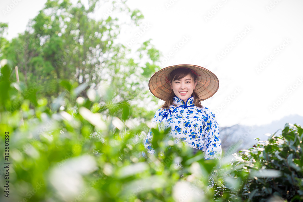 茶园里美丽的亚洲女孩