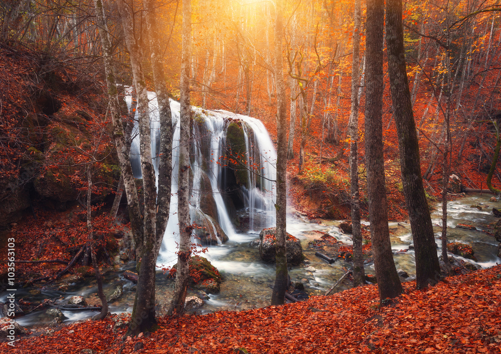 Beautiful waterfall at mountain river in colorful autumn forest with red and orange leaves at sunset