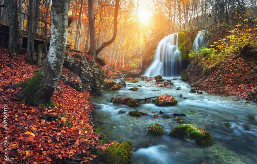 Beautiful waterfall at mountain river in colorful autumn forest with red and orange leaves at sunset