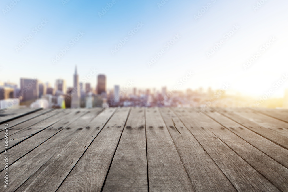 wood floor with cityscape of San Francisco