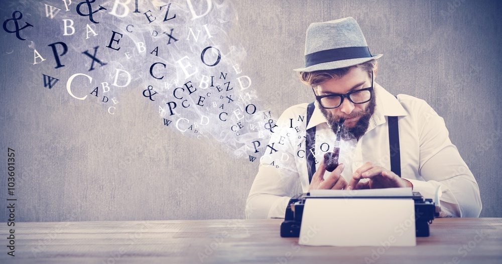 Composite image of hipster smoking pipe while working at desk