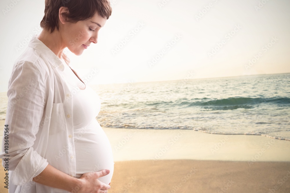 Composite image of relaxed pregnant woman with eyes close