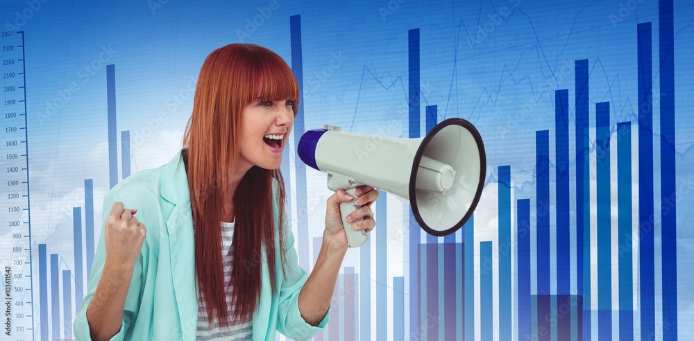 Composite image of hipster woman shooting through megaphone