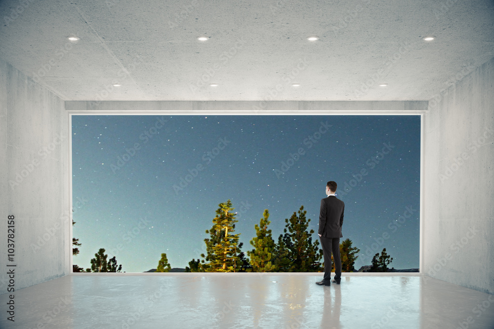 Businessman in empty concrete room with big window with nature c