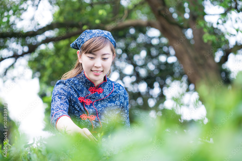 beautiful Asian girl works in green tea plantation