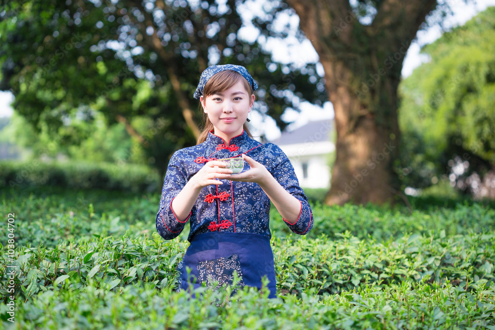 美丽的亚洲女孩在绿茶种植园工作