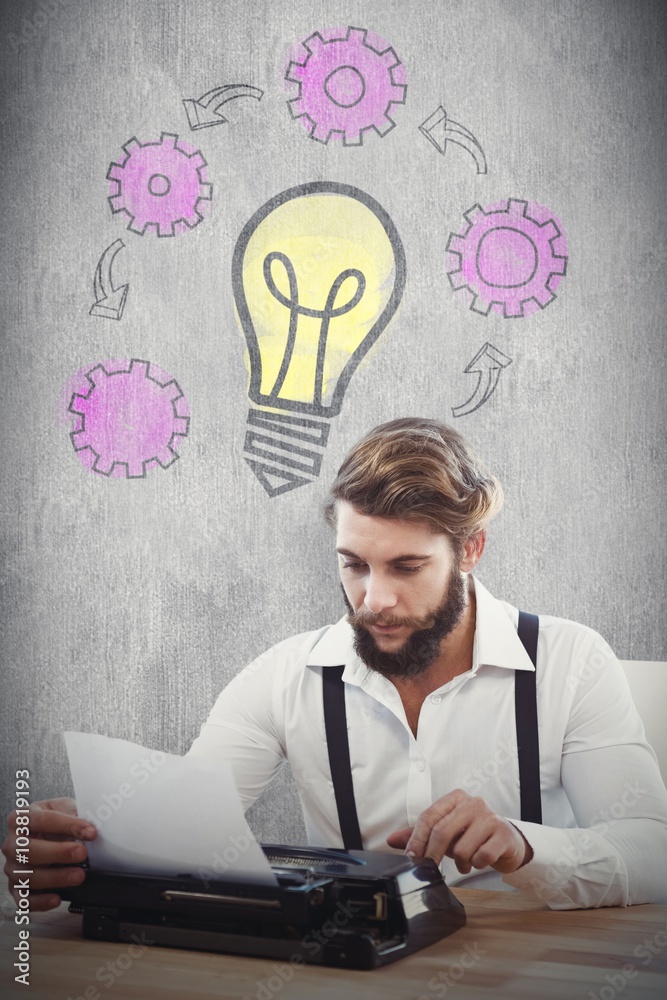 Composite image of hipster using typewriter at desk in office