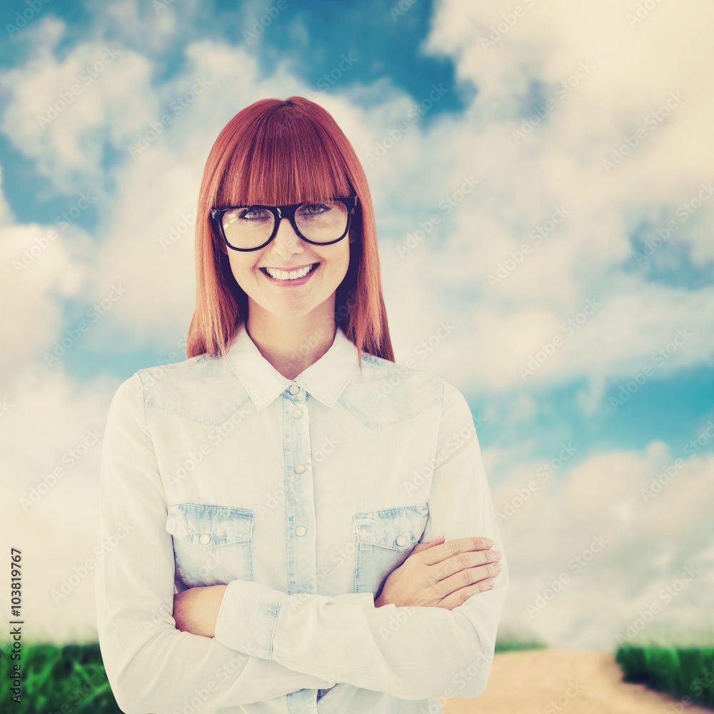 Composite image of portrait of a hipster woman front of post-it