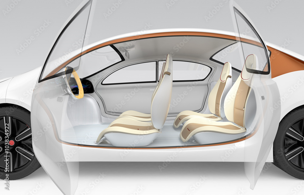 Side view of autonomous electric car. The car offer folding steering wheel, rotatable passenger seat