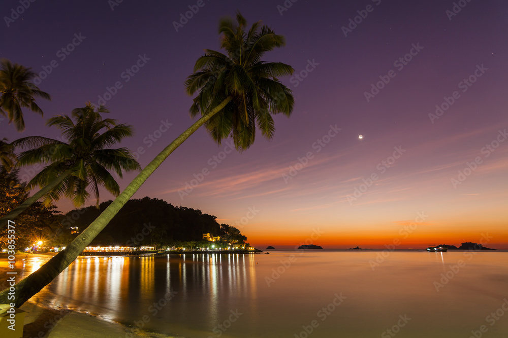 热带岛屿上的浪漫夜晚，夜晚有灯光。T