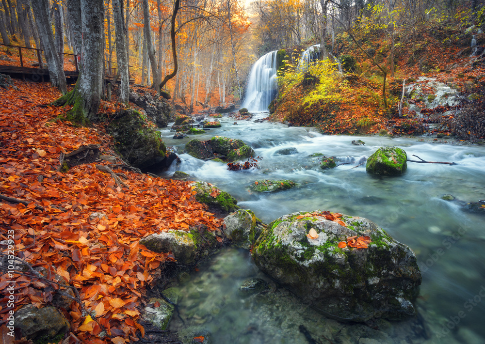 Beautiful waterfall at mountain river in colorful autumn forest with red and orange leaves at sunset