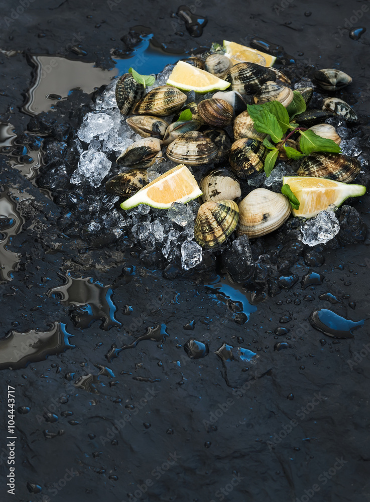 Fresh uncooked clams with lemon, herbs and spices on chipped ice over dark slate stone backdrop, top