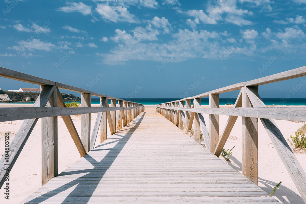 Wooden Path The Beach In Tarifa，Andalusia，西班牙塔里法