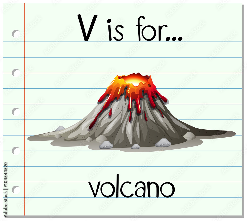 Flashcard letter V is for volcano